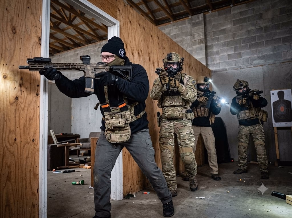 Airsoft players training indoors